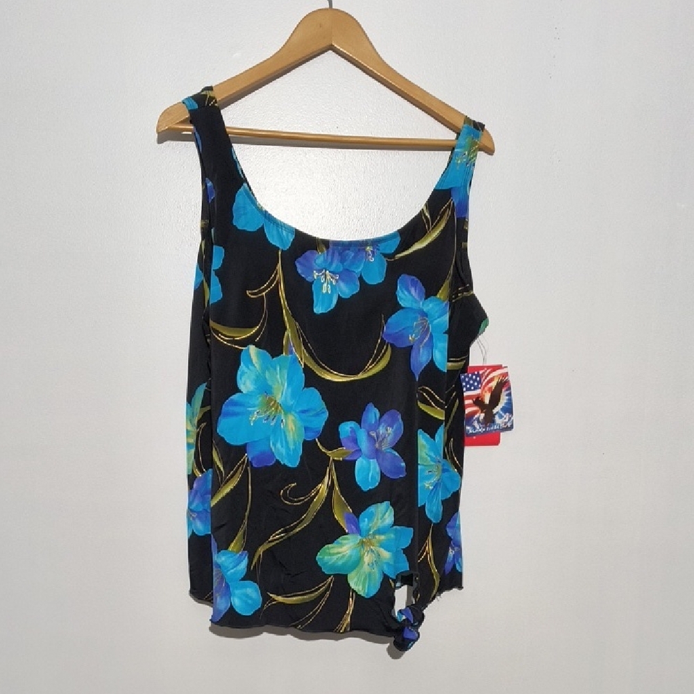 💥Ceeb Floral Blue Black & Gold Metallic Trim Swim Tankini Top size 22W